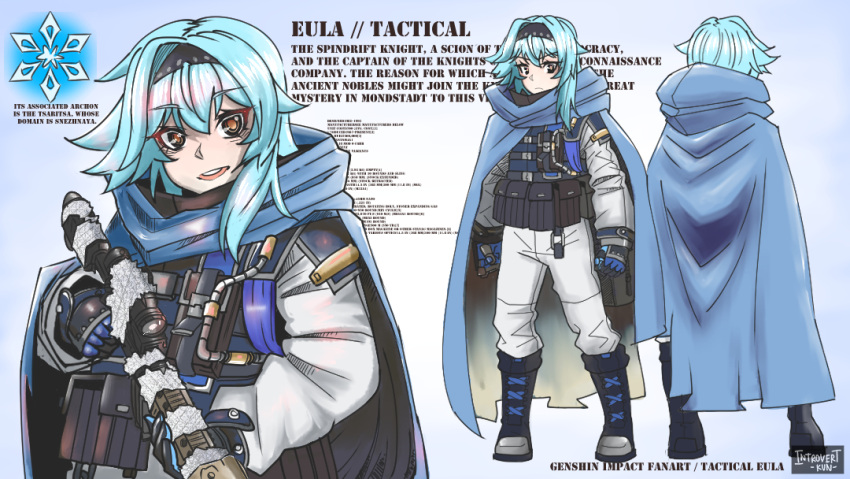 1girl :d alternate_costume assault_rifle bangs blue_hair boots bulletproof_vest character_name character_profile character_sheet cloak combat_boots commentary contemporary english_commentary english_text eula_(genshin_impact) eyebrows_visible_through_hair from_behind full_body genshin_impact gun hair_between_eyes hairband holding holding_gun holding_weapon hood hooded_cloak introvert-kun jumpsuit knee_boots long_hair long_sleeves looking_at_viewer orange_eyes pocket rifle scope sidelocks simple_background smile solo standing tactical_clothes two-tone_gloves weapon