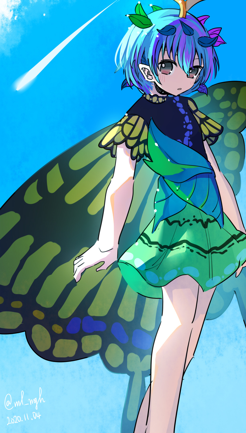 1girl absurdres antennae asuku_(69-1-31) barefoot blue_hair brown_eyes butterfly_wings dress eternity_larva green_dress hair_ornament highres leaf leaf_hair_ornament leaf_on_head multicolored_clothes multicolored_dress outdoors short_hair short_sleeves single_strap touhou wings yellow_wings