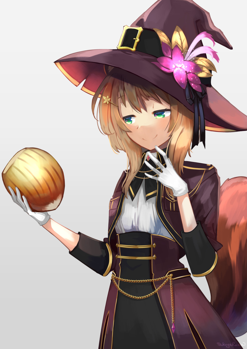 1girl absurdres ayunda_risu commentary english_commentary flower gloves green_eyes hair_ornament hairclip hat hat_flower highres holding hololive hololive_indonesia light_brown_hair nut_(food) short_hair simple_background smile solo squirrel_tail tail takuyarawr upper_body virtual_youtuber white_gloves witch_hat