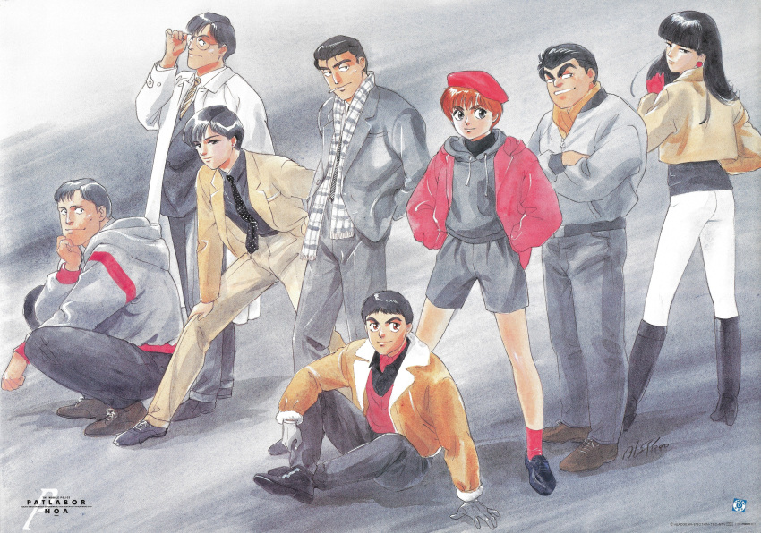 1980s_(style) 3girls 5boys absurdres adjusting_eyewear bangs black_hair blunt_bangs boots business_suit casual character_name copyright_name cropped_jacket crossed_arms earrings formal gotou_kiichi grin hand_on_own_knee hands_in_pockets hat head_rest highres hood hoodie izumi_noa jacket jewelry kanuka_clancy kidou_keisatsu_patlabor knee_boots kumagami_takeo labcoat legs_apart long_hair long_sleeves looking_at_viewer multiple_boys multiple_girls necktie official_art oota_isao open_clothes open_jacket painting_(medium) plaid plaid_scarf poster_(medium) red_headwear redhead retro_artstyle scan scarf shinohara_asuma shinshi_mikiyasu short_hair shorts slacks smile squatting standing suit takada_akemi traditional_media watercolor_(medium) yamazaki_hiromi