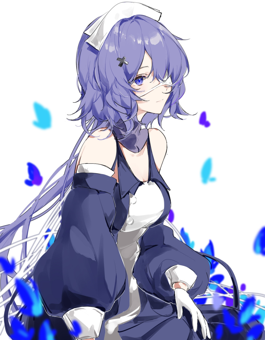 1girl arknights bangs bare_shoulders blue_dress commentary_request detached_sleeves dress eyepatch fuune gloves hair_ornament highres long_hair long_sleeves purple_hair simple_background smile solo upper_body violet_eyes whisperain_(arknights) white_background white_gloves white_headwear x_hair_ornament