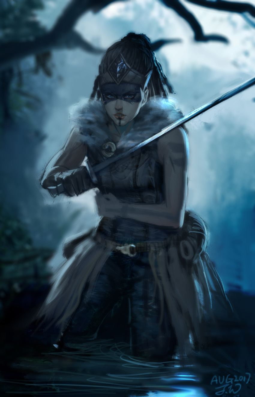 1girl absurdres celtic facepaint fighting_stance fur_collar fur_trim hair_pulled_back headdress hellblade highres holding holding_sword holding_weapon jefwu senua sword war_paint warrior weapon