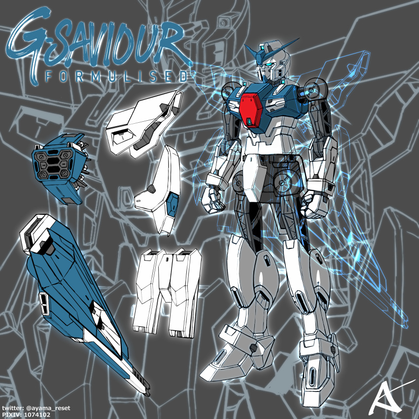 absurdres blue_eyes character_name g-saviour_gundam gundam gundam_g-saviour highres kevinayama machinery mecha mobile_suit no_humans pixiv_id redesign science_fiction standing twitter_username v-fin