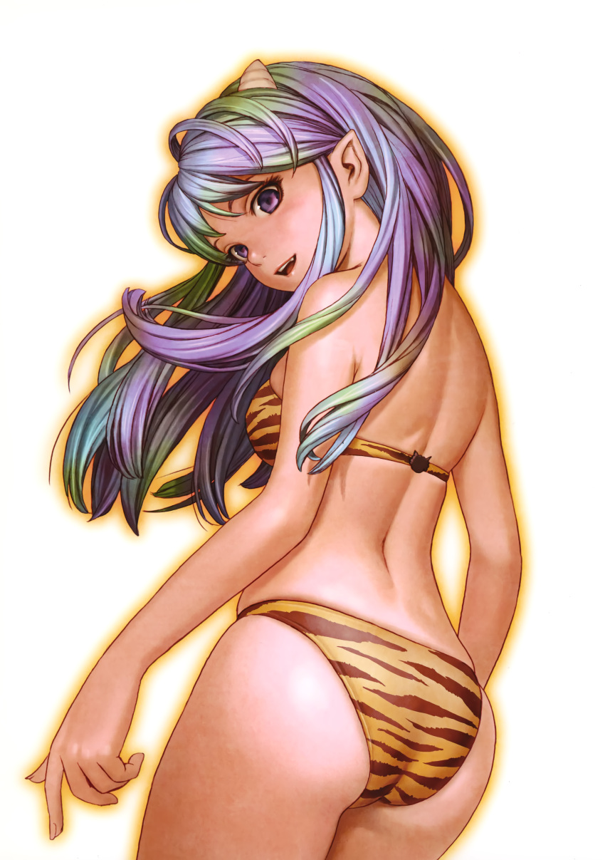 1girl absurdres animal_print ass bangs bare_arms bare_shoulders bikini blue_eyes blue_hair breasts cowboy_shot fingernails from_behind hands highres horns lips long_hair looking_at_viewer looking_back lum medium_breasts murata_range oni_horns open_mouth parted_lips pointy_ears scan shiny shiny_skin smile solo swimsuit thighs tiger_print urusei_yatsura