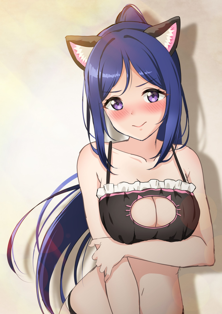 1girl absurdres animal_ear_fluff animal_ears black_bra blue_hair blush bra breast_hold breasts cat_cutout cat_ears cat_lingerie cleavage_cutout clothing_cutout collarbone embarrassed frilled_bra frills highres lingerie long_hair looking_at_viewer love_live! love_live!_sunshine!! matsuura_kanan medium_breasts meme_attire oku_1225 ponytail solo underwear underwear_only violet_eyes