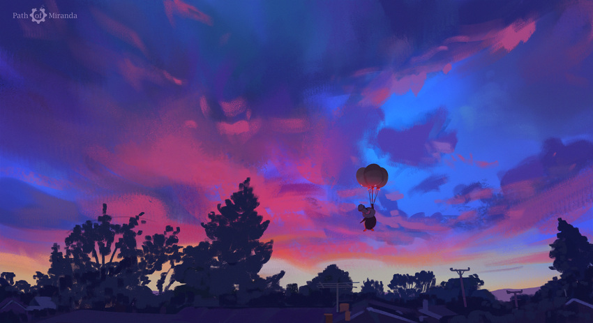 balloon bird clouds floating hat original outdoors penguin pink_cloud scenery sky snatti sunset top_hat tree twilight