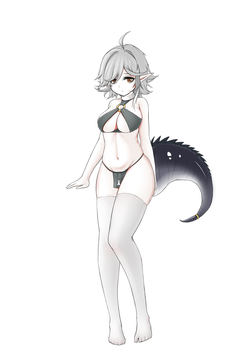 1girl absurdres ahoge arknights breasts clothing_request crocodilian_tail full_body fundoshi grey_hair groin highres japanese_clothes kaojhinrei large_breasts looking_at_viewer navel pelvic_curtain pointy_ears short_hair simple_background solo standing tail tail_ornament tail_ring thigh-highs thighs tomimi_(arknights) under_boob white_background white_legwear yellow_eyes
