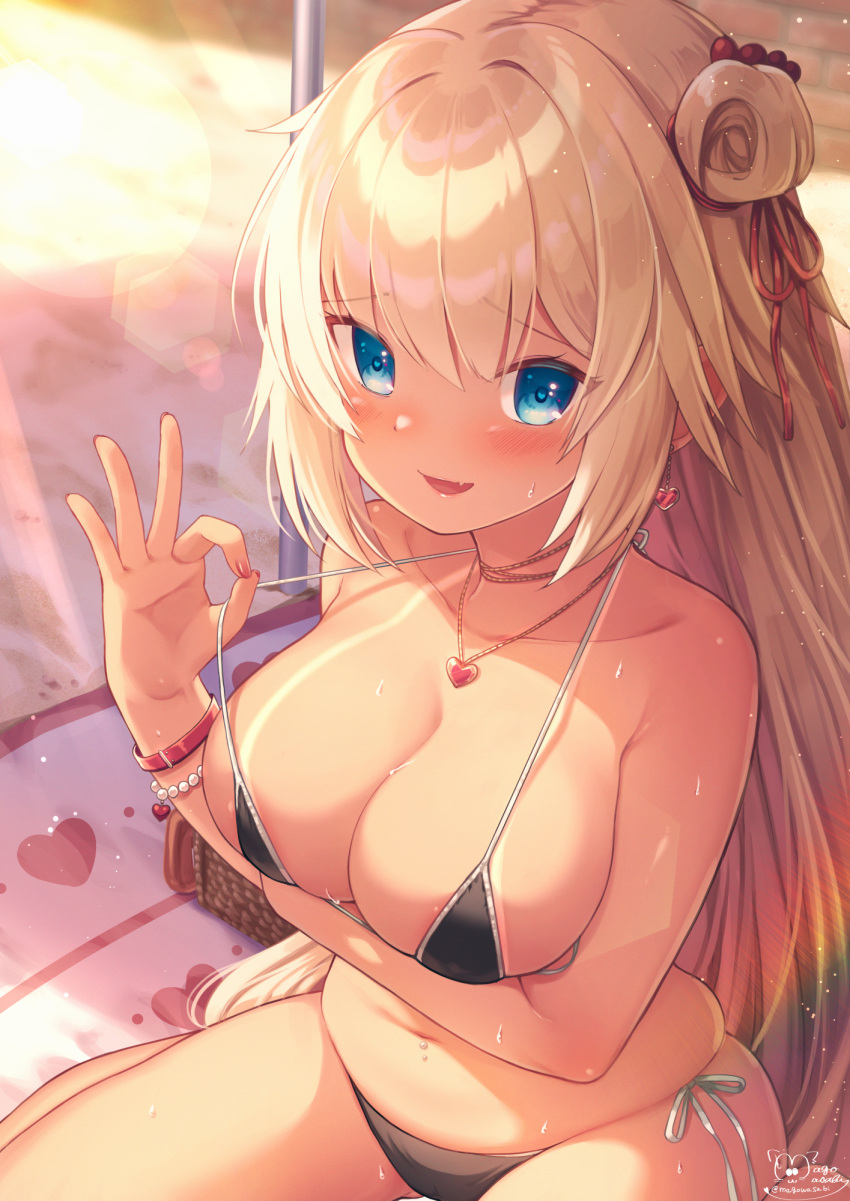 1girl akai_haato arm_under_breasts bangs beach_mat bead_bracelet beads bikini bikini_tan black_bikini blonde_hair blue_eyes blush bracelet breasts collarbone commentary_request day earrings eyebrows_visible_through_hair fang hair_between_eyes hair_ribbon heart heart_earrings heart_necklace highres hololive jewelry large_breasts light_particles looking_at_viewer magowasabi nail_polish one_side_up outdoors red_nails ribbon side-tie_bikini signature sitting skin_fang smile solo strap_lift string_bikini sweat swimsuit tan tanlines thigh-highs twitter_username virtual_youtuber