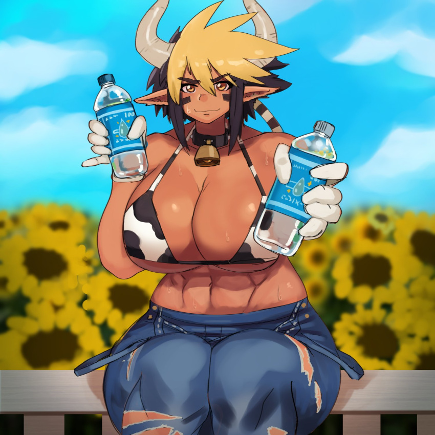 1girl animal_print bell bikini bikini_top_only black_hair blonde_hair bottle breasts cathyl cow_print cowbell dark_skin denim ezzyecchi gloves highres holding holding_bottle horns huge_breasts jeans looking_at_viewer minotaur monster_girl monster_musume_no_iru_nichijou multicolored_hair muscular muscular_female overalls pants pointy_ears swimsuit topless torn_clothes torn_overalls water_bottle white_gloves