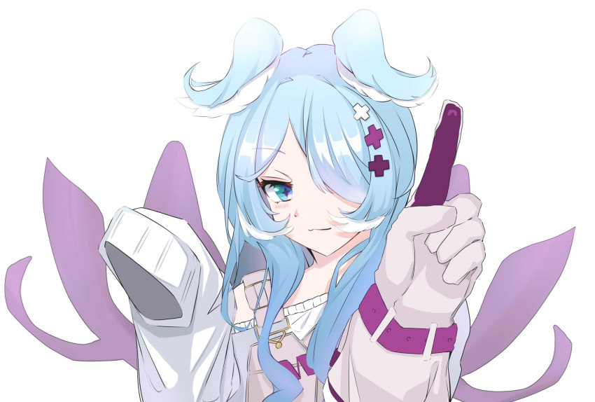 1girl blue_eyes dragon_wings eggmuffinffin elira_pendora eyebrows_visible_through_hair gloves grey_gloves grey_overalls hair_over_one_eye head_wings highres looking_at_viewer nijisanji nijisanji_en off_shoulder one_eye_covered pointing pointing_up portrait single_glove smile solo virtual_youtuber wings