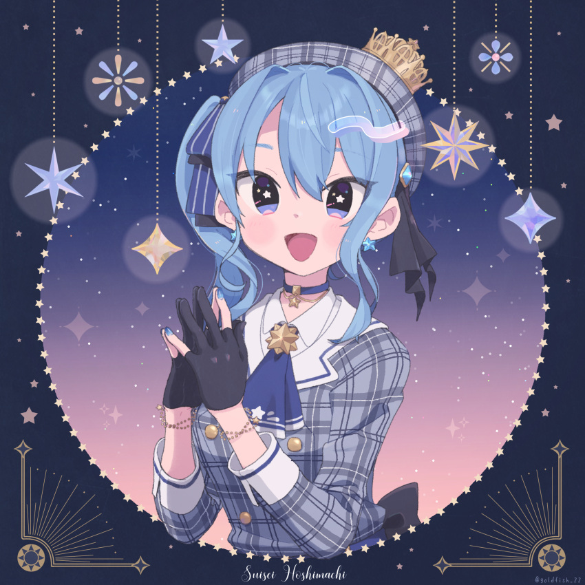 1girl black_gloves blue_eyes blue_hair blue_nails blush bracelet choker earrings gloves highres hololive hoshimachi_suisei jewelry kingyo_(g-fish) long_sleeves looking_at_viewer medium_hair open_mouth partially_fingerless_gloves side_ponytail smile solo star-shaped_pupils star_(symbol) star_earrings symbol-shaped_pupils upper_body virtual_youtuber
