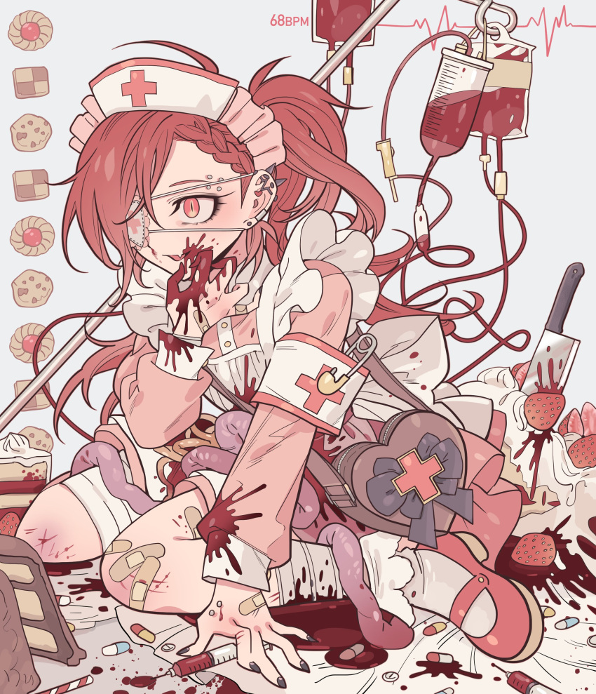 1girl :d absurdres apron armband bandaged_leg bandages black_nails blood blood_bag bow braid cake checkerboard_cookie commentary cookie crossed_bandaids dated_commentary dress ear_piercing entrails eyepatch fang food fruit full_body guro hat high_ponytail highres knife long_hair long_sleeves meremero nurse nurse_cap organs original piercing pill pink_dress puffy_long_sleeves puffy_sleeves redhead safety_pin skin_fang smile socks solo strawberry strawberry_shortcake syringe thumbprint_cookie very_long_hair white_apron white_bow white_legwear yellow_eyes