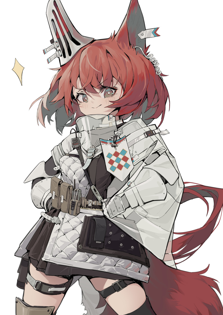 1girl :&gt; absurdres animal_ears arknights armor black_legwear blush brown_eyes cowboy_shot ear_ornament earpiece flametail_(arknights) highres jacket long_sleeves medium_hair pouch redhead simple_background solo sparkle squirrel_ears squirrel_girl squirrel_tail tail thigh-highs thigh_strap white_background white_jacket