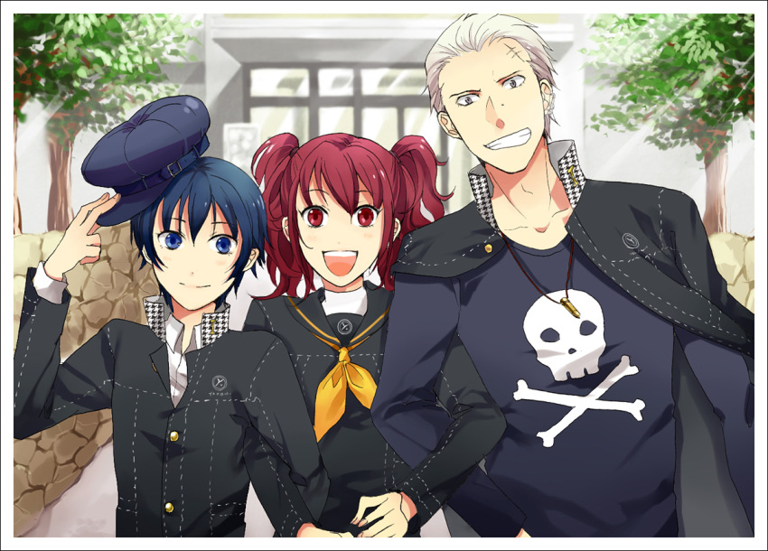 :d blue_eyes blue_hair cabbie_hat grin hat hat_tip kujikawa_rise light_smile locked_arms long_hair open_mouth persona persona_4 photo_(object) red_eyes red_hair redhead reverse_trap school_uniform sen_nai shirogane_naoto short_hair skull_and_crossbones smile tatsumi_kanji twintails white_hair