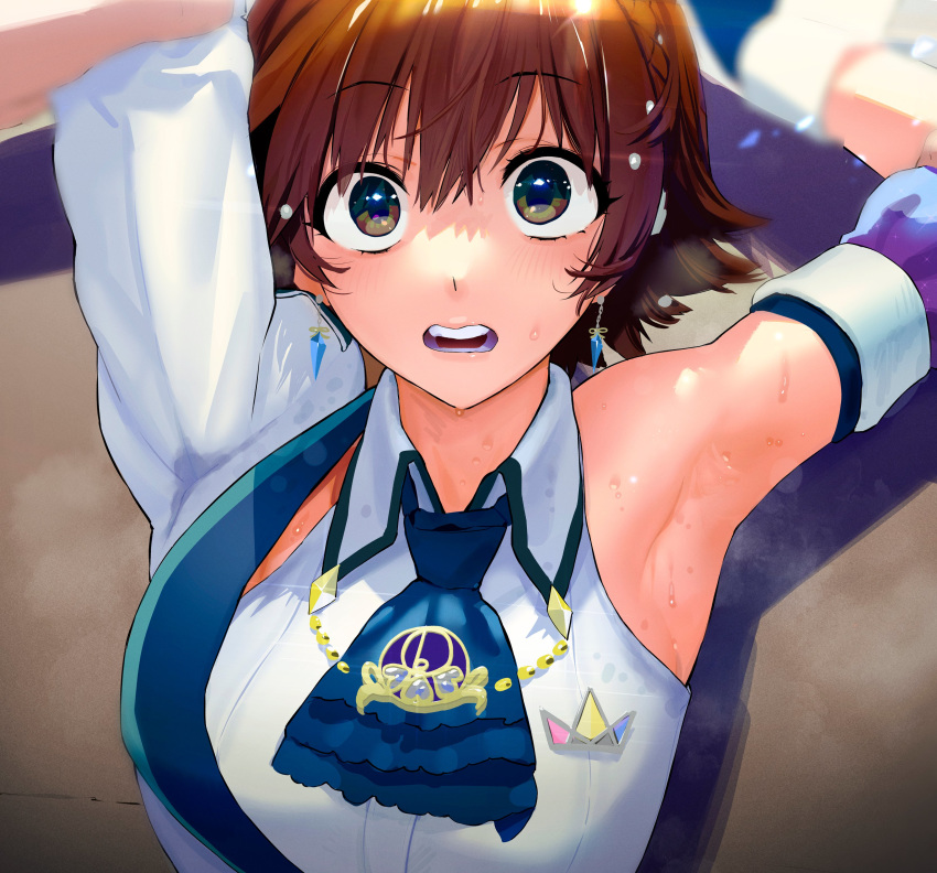 1girl absurdres against_wall armpits blush brown_eyes brown_hair cuffs earrings hair_ornament highres honda_mio idolmaster idolmaster_cinderella_girls idolmaster_cinderella_girls_starlight_stage jewelry kitou_sakeru looking_at_viewer neckerchief open_mouth pin short_hair sleeveless sweat sweaty_clothes