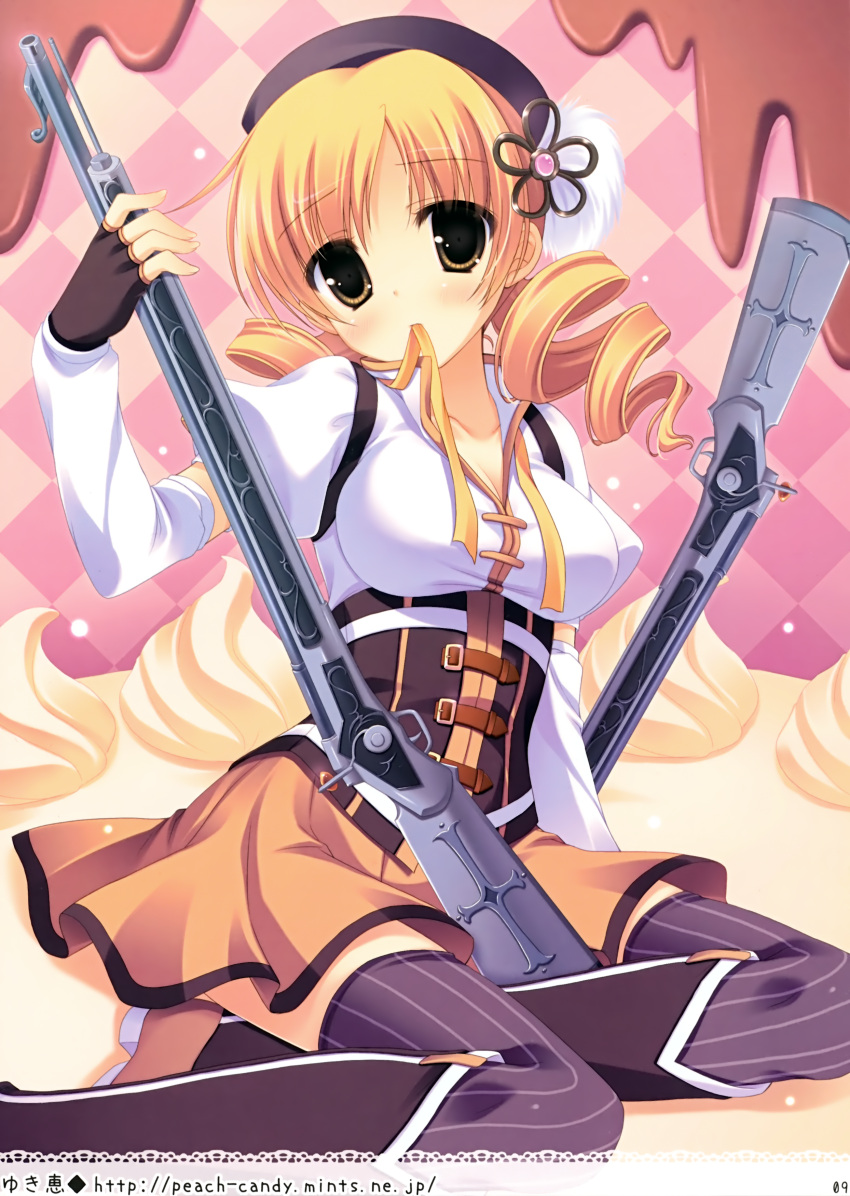 1girl absurdres beret black_legwear blonde_hair breasts cleavage drill_hair fingerless_gloves gloves gun hat highres long_sleeves magical_girl magical_musket mahou_shoujo_madoka_magica mouth_hold musket skirt tagme thighhighs tomoe_mami twin_drills weapon yellow_eyes yukie_(peach_candy)