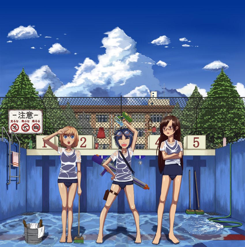 3girls absurdres barefoot blue_eyes blue_hair broom brown_eyes brown_hair bucket character_request closed_eyes coupe50 empty_pool eyes_closed female glasses goggles highres knot long_hair multiple_girls open_mouth outdoors outside pool salute school_swimsuit short_hair sky smile soda_can standing swimsuit text translated translation_request water water_gun water_hose wet wet_clothes wet_shirt
