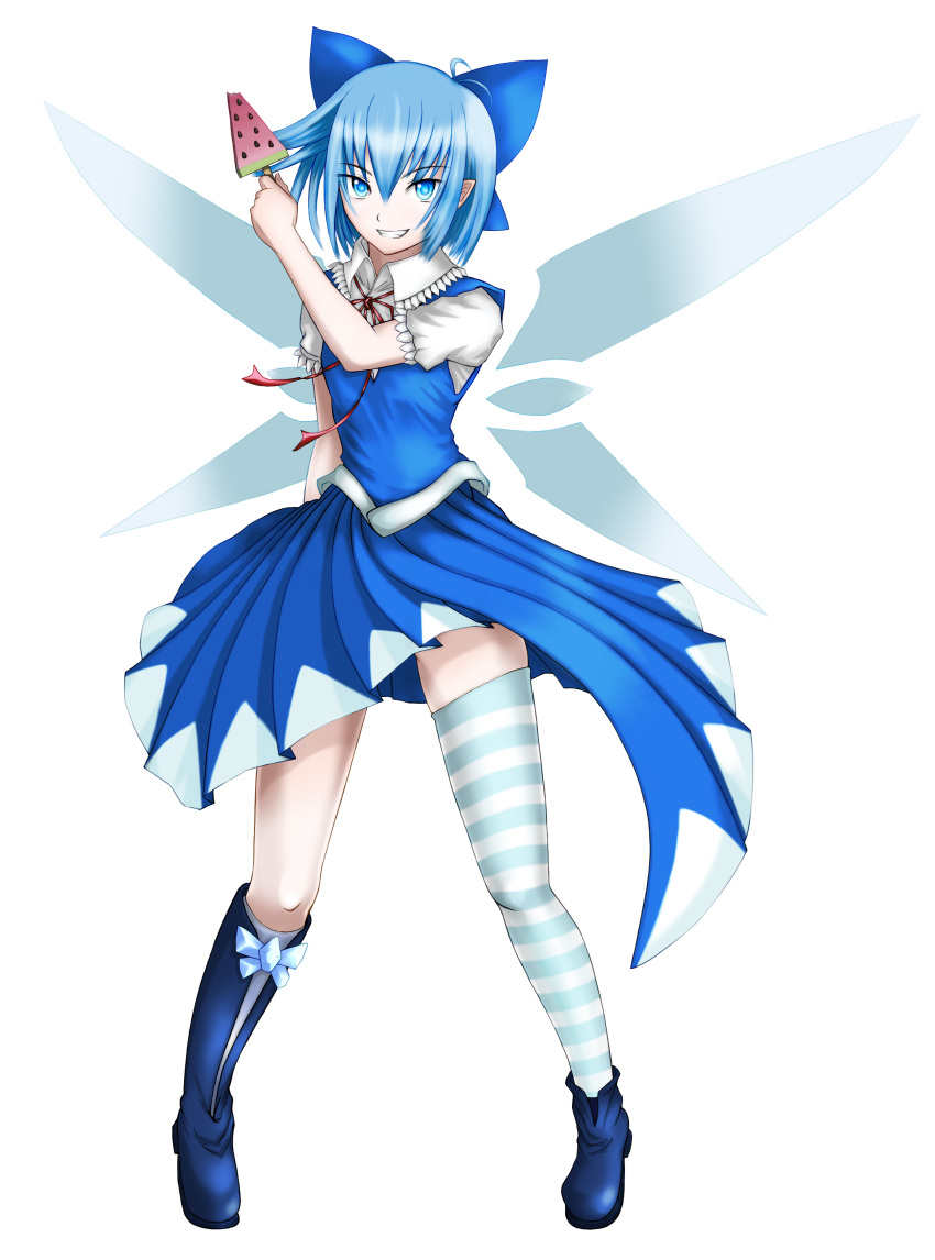asymmetrical_clothes blue_eyes blue_hair boots bow cirno dista food fruit hair_bow highres mismatched_footwear pointy_ears popsicle ribbon short_hair single_thighhigh smile striped striped_legwear suika_bar thighhighs touhou transparent_background watermelon wings