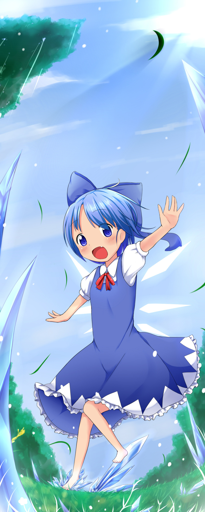 1girl absurdres barefoot blue_dress blue_eyes blue_hair blue_sky bow cirno dress fang grass hair_bow highres ice ice_wings makuran open_mouth outstretched_arms puffy_sleeves shirt short_sleeves sky smile solo touhou wings
