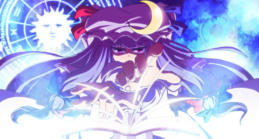 book crescent glaring hat light long_hair looking_at_viewer magic magic_circle open_mouth patchouli_knowledge purple_eyes purple_hair rayno touhou