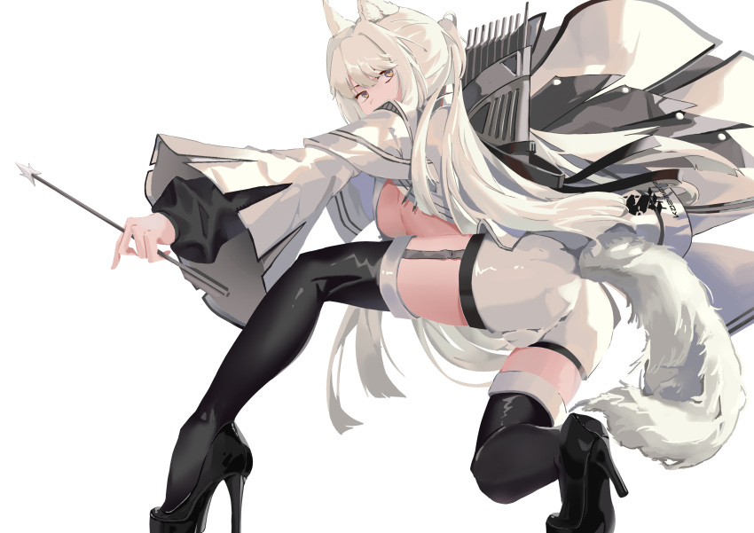 1girl absurdres animal_ear_fluff animal_ears arknights arrow_(projectile) bangs black_footwear boots breasts brown_eyes chinese_commentary commentary_request from_behind full_body high_heel_boots high_heels highres holding holding_arrow horse_ears horse_girl horse_tail jacket kingdom_of_kazimierz_logo long_hair long_sleeves looking_back medium_breasts partial_commentary platinum_(arknights) ponytail quiver shorts solo squatting tadie_(innovation1998) tail thigh-highs thigh_boots very_long_hair weapon white_background white_hair white_jacket white_shorts