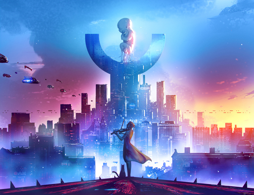 1girl 1other absurdres animal baby bangs blue_sky bow_(instrument) cat city dress flying_car from_side highres instrument kalmahul music original playing_instrument red_sky scenery science_fiction short_hair sitting sky standing violin