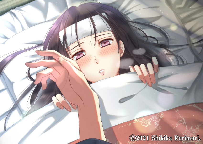 1girl artist_name black_hair day fever from_above futon hands izumi_(stardustalone) long_hair looking_at_viewer lying on_back parted_lips pillow renri_no_chigiri_wo_kimi_to_shiru sick under_covers violet_eyes