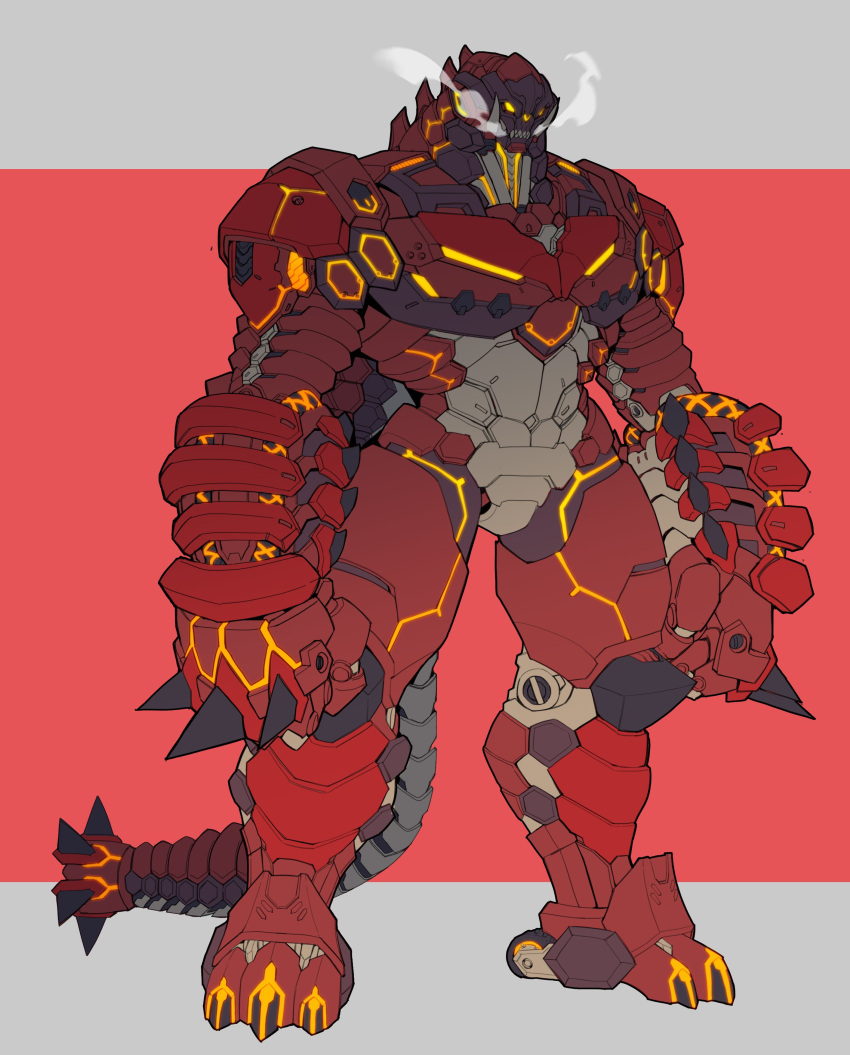 absurdres armor catball1994 clawed_boots clenched_hands ex_red_king full_armor highres kaijuu mask mechanical_parts monster neon_lights neon_trim orange_eyes original pectorals power_armor red_armor red_eyes red_king_(ultra_series) redesign sharp_teeth skull_mask solo spiked_knuckles spiked_tail steam tail teeth tusks ultra_series ultraman_(1st_series) wheel