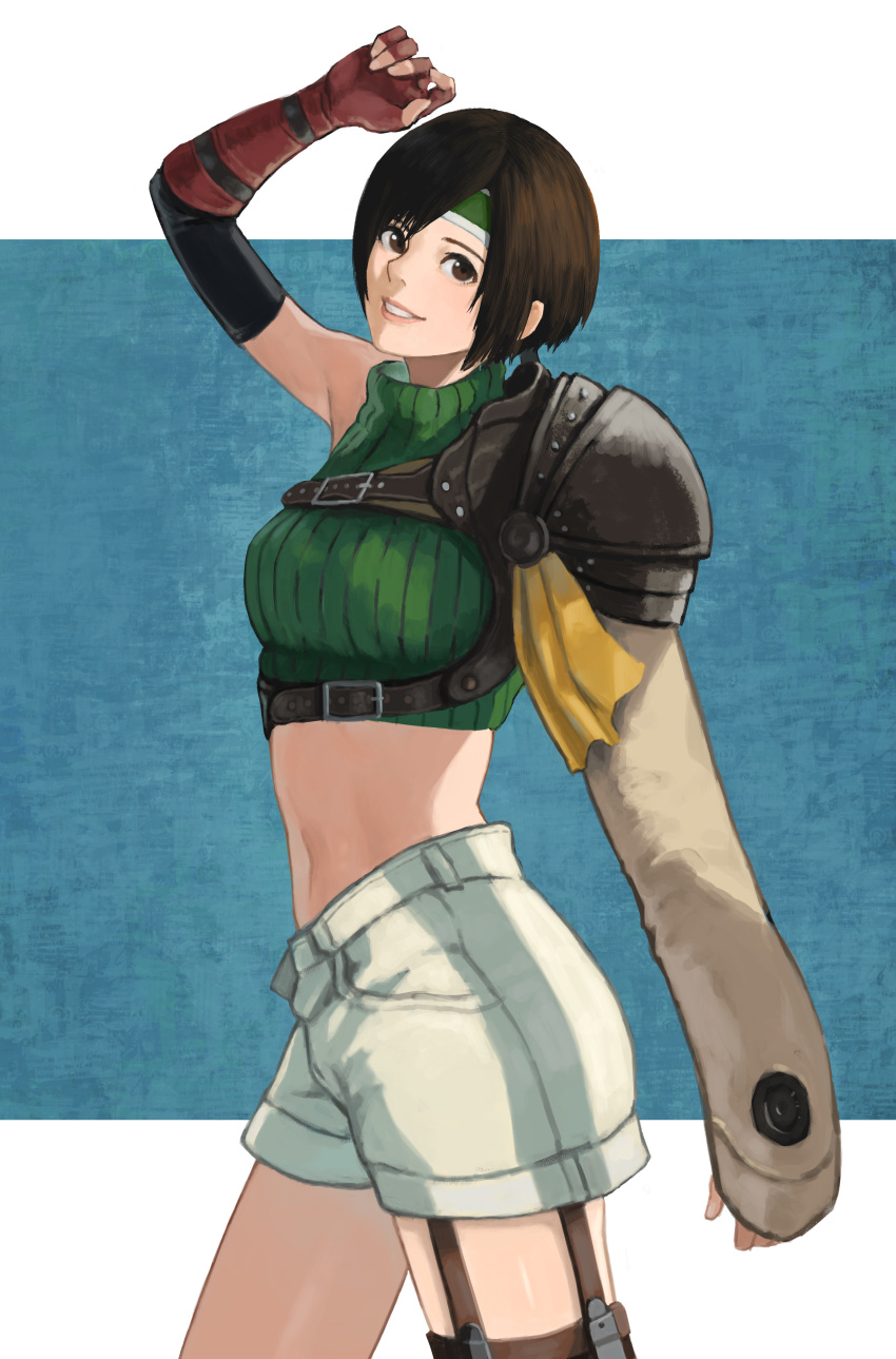 1girl absurdres arm_at_side armor armpits bangs blue_background breasts brown_eyes brown_gloves brown_hair commentary crop_top elbow_gloves final_fantasy final_fantasy_vii fingerless_gloves garter_straps gloves green_sweater hand_up headband highres looking_at_viewer medium_breasts midriff navel outside_border pauldrons ribbed_sweater sanyo_(wkfv3874) short_hair shorts shoulder_armor single_pauldron sleeveless sleeveless_turtleneck smile solo sweater swept_bangs texture thigh-highs turtleneck turtleneck_sweater white_shorts yuffie_kisaragi