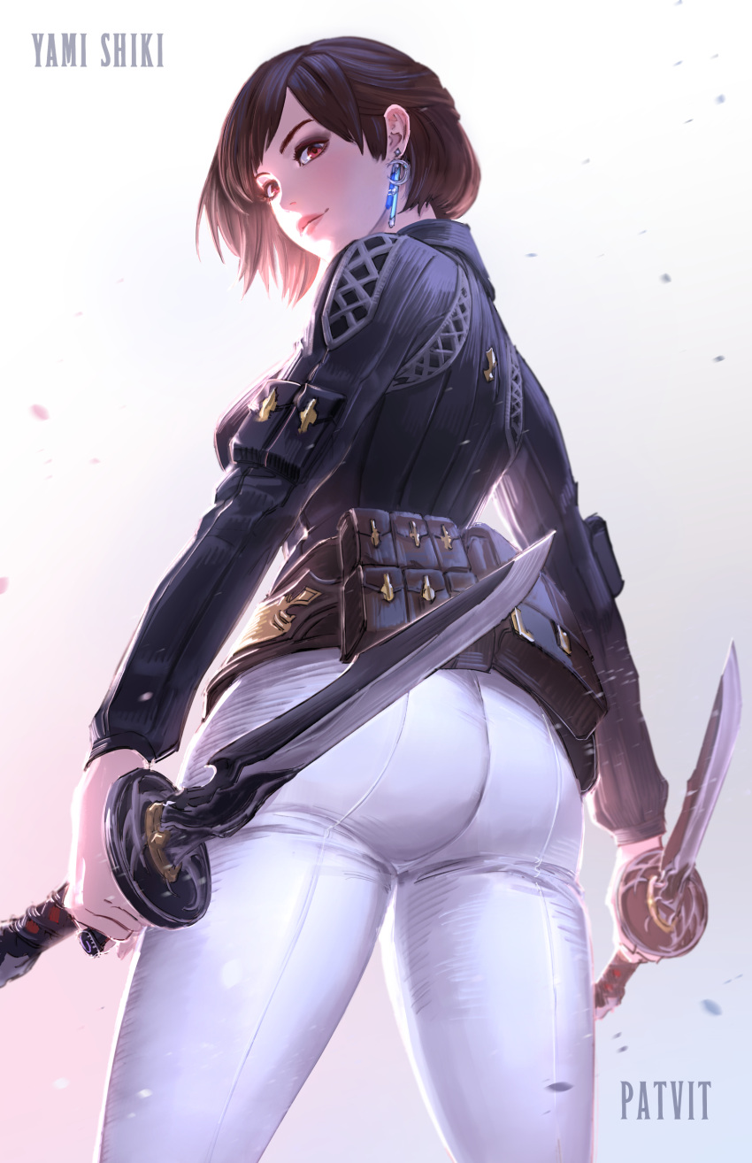 1girl absurdres arms_at_sides artist_name ass avatar_(ffxiv) belt belt_pouch brown_hair character_name closed_eyes combat_knife commentary dual_wielding english_commentary final_fantasy final_fantasy_xiv floating_hair from_behind highres holding holding_knife holding_weapon hyur jacket knife lips long_sleeves looking_at_viewer looking_back medium_hair ninja_(final_fantasy) pants pat_(patvit) pouch red_eyes smile solo twisted_torso weapon white_pants