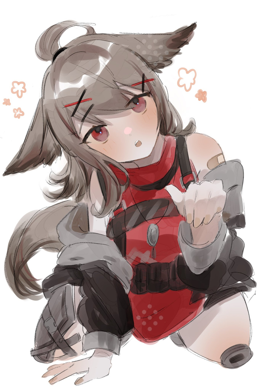 1girl all_fours animal_ears arknights bandaid bandaid_on_shoulder black_jacket brown_hair cutter_(arknights) fox_ears fox_girl fox_tail hair_ornament hairclip hand_up highres jacket jewelry looking_at_viewer mi_(mituki_wandoro) necklace off_shoulder one-hour_drawing_challenge open_clothes open_jacket open_mouth ponytail red_shirt shirt short_hair simple_background sleeveless sleeveless_shirt solo tail white_background x_hair_ornament