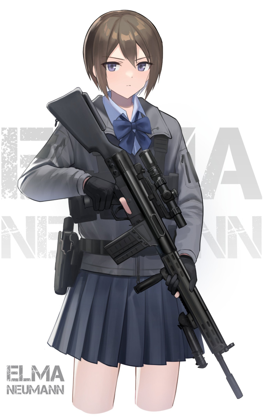 1girl absurdres bangs battle_rifle black_gloves black_jacket blue_bow blue_bowtie blue_shirt blue_skirt bow bowtie brown_hair character_name closed_mouth gloves gun h&amp;k_g3 hair_between_eyes handgun highres holding holding_gun holding_weapon holstered_weapon jacket long_sleeves looking_at_viewer original partially_fingerless_gloves pistol polo_shirt rifle school_uniform shiroyama_soh shirt simple_background skirt solo trigger_discipline v-shaped_eyebrows violet_eyes weapon white_background