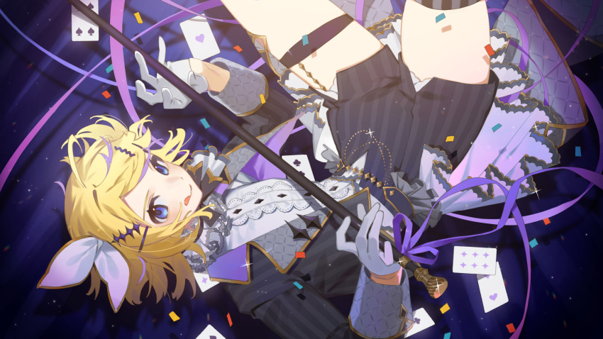 1girl :q ace_of_clubs ace_of_hearts bangs black_jacket black_legwear blonde_hair blue_eyes bow cane card club_(shape) commentary_request confetti diamond_(shape) gloves hair_bow heart highres holding holding_cane jacket kagamine_rin long_sleeves looking_at_viewer playing_card purple_background purple_ribbon ribbon shirt short_hair showtime_ruler_(vocaloid) sidelocks single_thighhigh six_of_diamonds sleeve_cuffs solo spade_(shape) sparkle_hair_ornament spotlight striped striped_legwear thigh-highs thigh_strap three_of_clubs tongue tongue_out two_of_hearts vocaloid white_bow white_gloves white_shirt yagita_(astronomie)