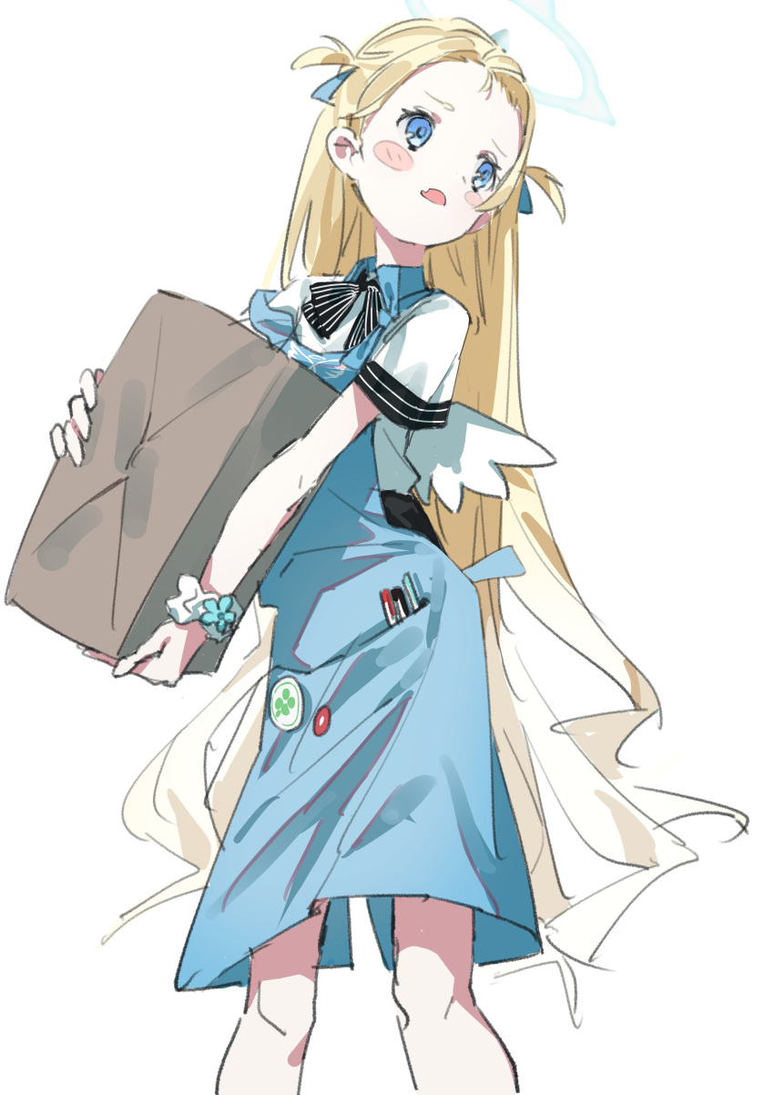 1girl absurdres angel_wings apron bag black_bow black_bowtie blonde_hair blue_apron blue_archive blue_bow blue_eyes blush bow bowtie cottone_(highjethoo) d: english_commentary hair_bow halo highres holding holding_bag long_hair marker paper_bag scrunchie shirt short_sleeves simple_background solo sora_(blue_archive) two_side_up very_long_hair white_background white_scrunchie white_shirt white_wings wings wrist_scrunchie