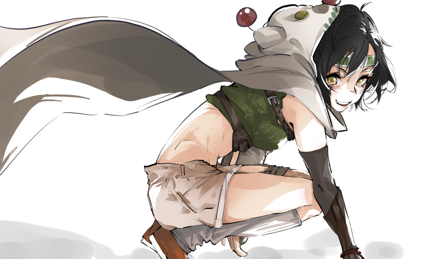 1girl absurdres arm_support bangs bare_shoulders black_gloves black_hair brown_footwear brown_shorts cape character_hood commentary cosplay cropped_sweater elbow_gloves final_fantasy final_fantasy_vii forehead_protector from_side full_body gloves green_eyes green_sweater hair_between_eyes hair_strand headband highres hood hood_up looking_at_viewer looking_to_the_side loose_socks messy_hair midriff moogle mxvv4878 shoes short_hair shorts single_glove sleeveless sleeveless_sweater smile solo squatting sweater teeth turtleneck turtleneck_sweater upper_teeth white_background white_cape wind wind_lift yuffie_kisaragi