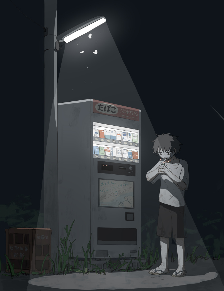 1boy absurdres avogado6 black_eyes black_shorts black_sky bruise cigarette cigarette_pack commentary_request dirty dirty_clothes highres injury lamppost lighter male_focus messy_hair mouth_hold night night_sky original outdoors sandals shirt shorts sky smoking solo vending_machine white_shirt