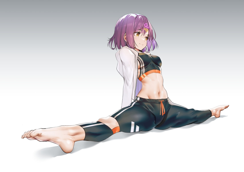 1girl barefoot blush breasts commentary eyebrows_visible_through_hair feet flexible gradient gradient_background jacket midriff navel original pants purple_hair short_hair simple_background smile soles solo sports_bra stretch teddy_(khanshin) toes wide_spread_legs yellow_eyes yoga_pants