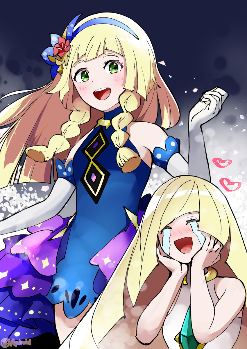 2girls :d absurdres akanboh bangs bare_shoulders blonde_hair blue_dress blue_hairband blush braid closed_eyes commentary_request crying dress elbow_gloves eyelashes gloves green_eyes grey_gloves hairband heart highres lillie_(pokemon) long_hair lusamine_(pokemon) mother_and_daughter multiple_girls official_alternate_costume open_mouth pokemon pokemon_(game) pokemon_masters_ex pokemon_sm sleeveless sleeveless_dress smile streaming_tears tears teeth tongue twin_braids upper_teeth white_dress