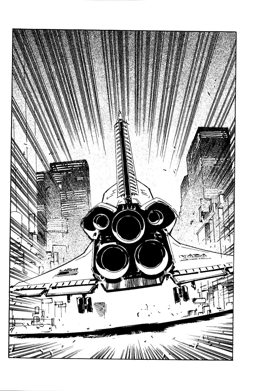 ariel_(novel) city from_behind greyscale highres landing_gear monochrome motion_lines no_humans novel_illustration official_art scan space_craft space_shuttle suzuki_masahisa third-party_source thrusters vehicle_focus