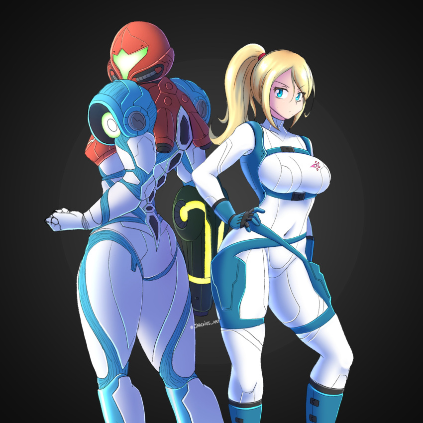 1girl absurdres adapted_costume arm_cannon armor bangs blonde_hair blue_eyes breasts glowing gun helmet highres jarckius large_breasts long_hair looking_at_viewer metroid metroid_dread mole mole_under_mouth ponytail power_armor power_suit samus_aran science_fiction simple_background solo thumbs_up visor weapon zero_suit