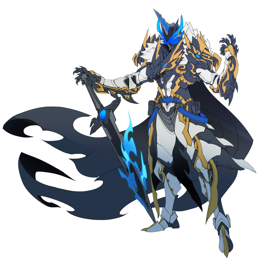 1boy absurdres armor billowing_cape black_armor blue_eyes blue_fire cape catball1994 claw_pose clawed_gauntlets dragon_horns fire full_armor fur_trim highres holding holding_sword holding_weapon horns kamen_rider kamen_rider_saber kamen_rider_saber_(series) kamen_rider_saber_ultimate_bahamut male_focus planted planted_sword pose redesign sharp_teeth single_horn spiked_armor spikes standing sword teeth tokusatsu weapon white_armor white_background