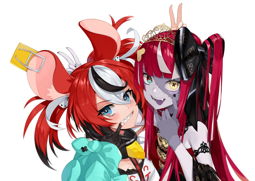 2girls absurdres animal_ears armband bangs black_hair blue_eyes blunt_bangs bow breasts dice_hair_ornament eyebrows_visible_through_hair fangs gloves hair_between_eyes hair_ornament hakos_baelz heart heterochromia highres hololive hololive_english hololive_indonesia kureiji_ollie long_hair looking_at_viewer mk_(lazymk) mouse_ears mouse_girl multicolored_hair multiple_girls open_mouth redhead sharp_teeth simple_background streaked_hair teeth tongue tongue_out upper_body virtual_youtuber white_background white_hair yellow_eyes zombie