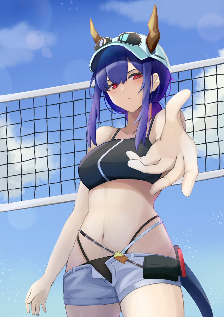 1girl absurdres arknights bare_shoulders baseball_cap belt_pouch bikini black_bikini blue_hair blush ch'en_(arknights) closed_mouth collarbone dragon_girl dragon_horns dragon_tail english_commentary female_tourist_c_(arknights) hat highleg highleg_bikini highres horns horns_through_headwear long_hair micro_shorts navel official_alternate_costume pouch reaching_out red_eyes shorts solo standing stomach sunglasses swimsuit tail tied_hair white_headwear white_shorts yuu_azma