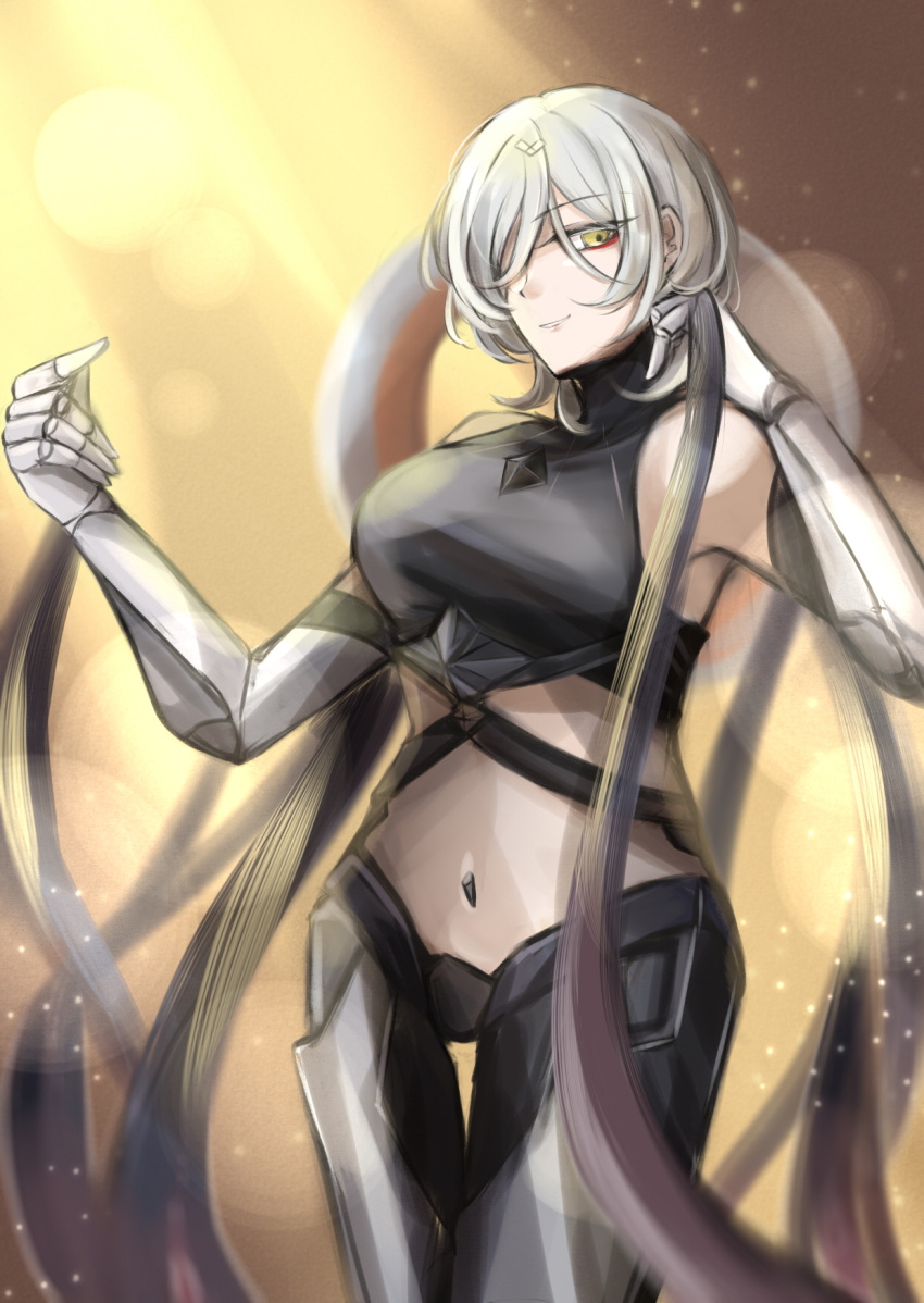 1girl angela890229 arm_up bangs black_shirt breasts closed_mouth covering_one_eye eyebrows_visible_through_hair feet_out_of_frame girls_frontline hair_between_eyes highres long_hair looking_at_viewer mechanical_legs medium_breasts navel nyto_(generic)_(girls'_frontline) nyto_(girls'_frontline) paradeus shirt silver_hair simple_background smile solo standing teal_(girls'_frontline) yellow_eyes