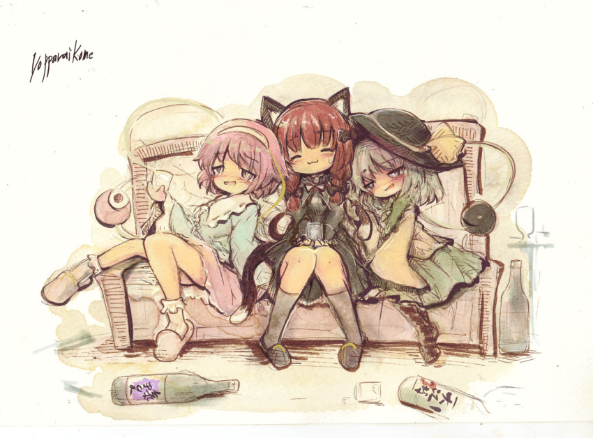 3girls :3 =_= animal_ears bangs black_bow black_dress black_headwear blouse blush bobby_socks boots bottle bow braid cat_ears cat_tail closed_eyes commentary_request couch cup dress drinking_glass drunk eyeball eyebrows_visible_through_hair frilled_shirt_collar frilled_sleeves frills full_body green_hair green_skirt hair_bow hat hat_bow hat_ribbon kaenbyou_rin knees_together_feet_apart komeiji_koishi komeiji_satori kouba long_hair long_sleeves multiple_girls multiple_tails nekomata nervous_smile pink_hair pink_skirt redhead ribbon sake_bottle shirt short_hair siblings sidelocks signature simple_background sisters skirt slippers socks sweatdrop table tail third_eye touhou twin_braids two_side_up two_tails white_background white_legwear wide_sleeves wine_bottle wine_glass yellow_blouse yellow_bow yellow_ribbon yellow_shirt