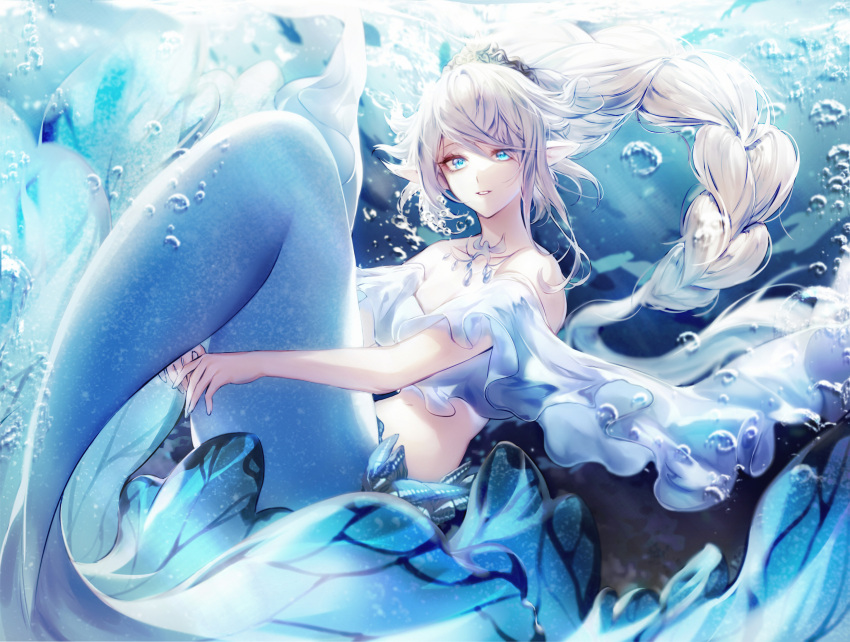 1girl air_bubble alternate_race bangs bare_shoulders black_joa blue_eyes blue_theme braid braided_ponytail breasts bubble english_commentary fetal_position final_fantasy final_fantasy_xiv frills genderswap genderswap_(otf) grey_hair hair_ornament highres jewelry long_hair looking_at_viewer mermaid monster_girl necklace off_shoulder pointy_ears silver_hair solo submerged tiara titania_(final_fantasy) underwater very_long_hair water