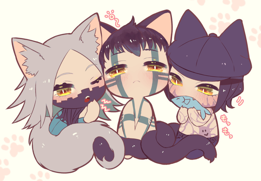 1girl 2boys animal_ears beige_background black_hair cat_ears cat_tail chewing chibi commentary_request fish full-body_tattoo grey_hair hat highres hitoshura kemonomimi_mode looking_at_viewer multiple_boys nitta_isamu one_eye_closed paw_print paw_print_background shin_megami_tensei shin_megami_tensei_iii:_nocturne surume_imo tachibana_chiaki_(smt3) tail tattoo yellow_eyes