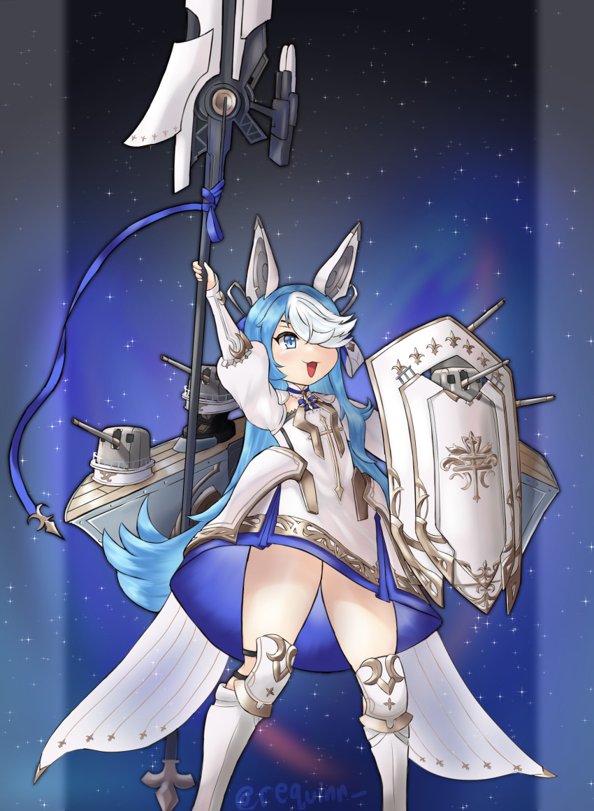 1girl absurdres armored_boots artillery artist_name azur_lane blue_eyes blue_hair boots dress flat_chest hair_over_one_eye highres holding holding_polearm holding_shield holding_weapon iris_libre_(emblem) knee_boots long_hair maille-breze_(azur_lane) multicolored_hair polearm requinn rigging shield short_dress solo spear standing streaked_hair turret two-tone_hair very_long_hair weapon white_dress white_footwear white_hair