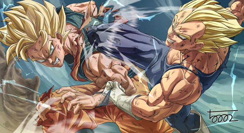 2boys 5002_bus angry arm_up bangs biceps blonde_hair blood blood_from_mouth blue_eyes blue_footwear blue_wristband boots clenched_teeth clothes_grab commentary_request dragon_ball dragon_ball_z facial_mark fighting forehead_mark gloves highres injury korean_commentary large_pectorals looking_at_another majin_vegeta multiple_boys muscular muscular_male orange_shirt pectorals serious shirt signature son_goku spiky_hair super_saiyan super_saiyan_2 teeth thick_eyebrows thighs torn_clothes vegeta white_footwear white_gloves