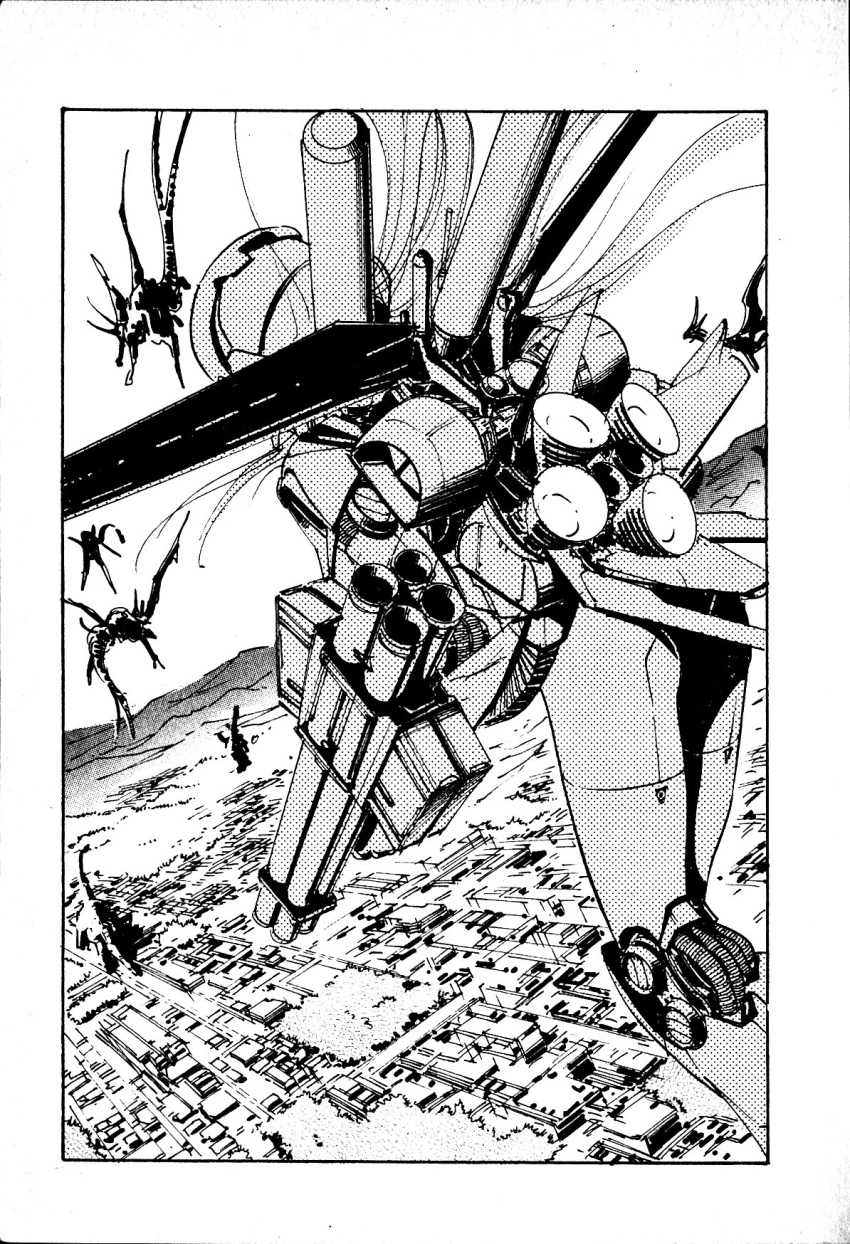 1girl ariel_(mecha) ariel_(novel) city floating_hair flying from_behind greyscale gun highres holding holding_gun holding_weapon jetpack kaijuu mecha monochrome no_humans novel_illustration official_art scan science_fiction suzuki_masahisa third-party_source thrusters weapon
